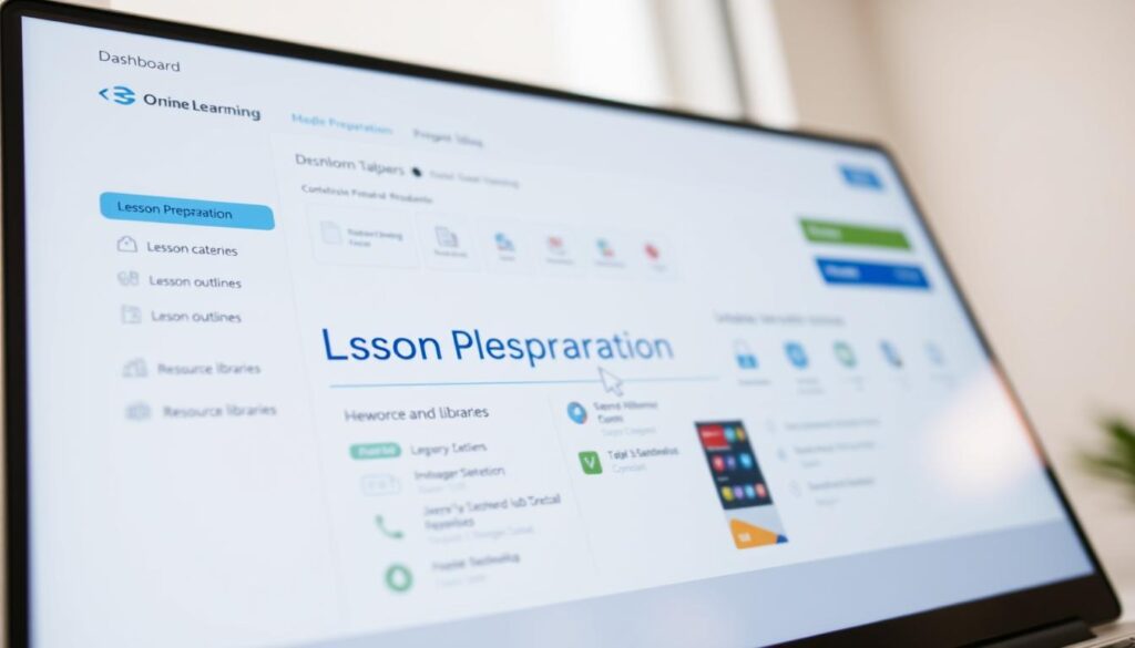 a bright, modern digital interface showcasing the dashboard of an online learning platform. the screen displays a clean, intuitive layout with clearly delineated sections for lesson planning and preparation. in the foreground, a cursor hovers over the "lesson preparation" module, highlighted in a soft, welcoming tone. the middle ground features a visually appealing and organized array of tools, including calendars, lesson outlines, and resource libraries. the background subtly suggests the platform's integration with educational standards and curricula, creating a sense of institutional credibility. the lighting is natural and diffused, creating a calming, productive atmosphere. the angle is slightly elevated, providing a comprehensive view of the platform's robust lesson preparation capabilities.