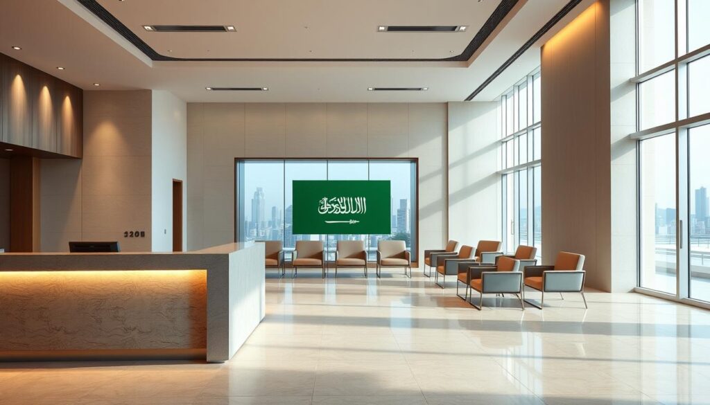 a clean, modern interior of a bank lobby in saudi arabia. the foreground features a receptionist desk with a minimalist design and polished stone surface. behind the desk, a large window displays the saudi arabian flag and a glimpse of the cityscape outside. soft, diffused lighting creates a warm, inviting ambiance. the middle ground showcases several elegant waiting chairs arranged in a semi-circular pattern, upholstered in muted tones that complement the overall color palette. the background features sleek, geometric architectural elements, such as clean lines, sharp angles, and subtle textures, reflecting the bank's sophistication and attention to detail. the overall composition conveys an efficient, professional, and customer-centric atmosphere.
