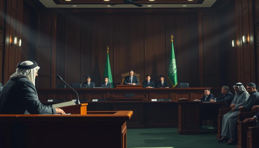 a courtroom interior with a judge's bench and witness stand in the foreground. middle ground features lawyers in suits presenting their arguments, while the background depicts the saudi flag and other legal accoutrements. dramatic lighting casts long shadows, heightening the gravity of the proceedings. the scene conveys the formal, serious atmosphere of a saudi court hearing a "دعوى بدل ندرة" case, with a sense of importance and high stakes for the outcome.