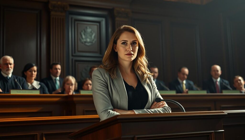 a courtroom scene with a confident, determined woman standing at the podium, presenting her case to a panel of judges. the lighting is dramatic, casting shadows that convey the weight of the situation. the judges' expressions are stern, but the woman's posture is resolute, her eyes unwavering as she argues her case. in the background, a grand, ornate courthouse interior sets the scene, hinting at the formality and gravity of the proceedings. the overall atmosphere is one of high stakes and unwavering determination, reflecting the challenges the woman has faced in her quest for justice.
