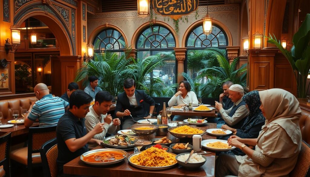 a cozy mid-range restaurant interior with warm lighting, wooden accents, and inviting seating arrangements. customers enjoy a variety of middle eastern dishes, from hearty stews to fragrant rice platters, set against a backdrop of ornate architectural details and lush greenery. the atmosphere is relaxed and convivial, with groups of friends and families savoring the flavors of ramadan. the scene conveys a sense of community, comfort, and the joy of shared dining experiences.