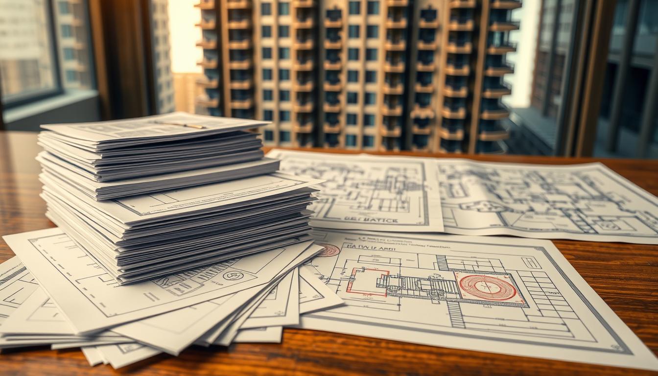 A detailed architectural blueprint of official legal documents required for the issuance of a certificate of building completion in Saudi Arabia. The foreground features a stack of various forms, stamps, and seals arranged neatly on a wooden desk. The middle ground shows architectural plans and schematics spread out, with technical details and measurements visible. The background depicts the facade of a modern high-rise building, suggesting the context of urban development. The lighting is warm and professional, creating a sense of administrative efficiency. The overall mood conveys the formal, bureaucratic process involved in obtaining the building completion certificate.