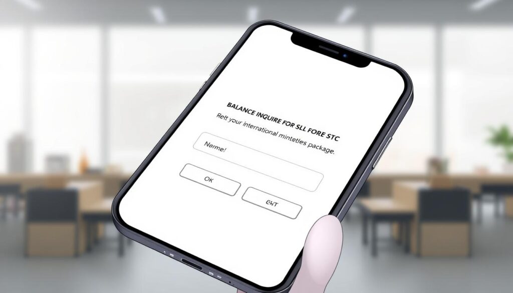 a detailed digital illustration depicting a smartphone screen displaying the "balance inquiry for stc international minutes package" interface. the screen shows a clean, minimalist design with a heading, input field, and buttons. the background is a neutral, blurred scene, gently hinting at a modern, tech-savvy environment. the lighting is soft and natural, creating a calm, professional atmosphere. the overall composition is well-balanced, drawing the viewer's attention to the key interactive elements on the screen. the illustration should convey a sense of ease and accessibility when checking one's international minutes balance on an stc mobile plan.