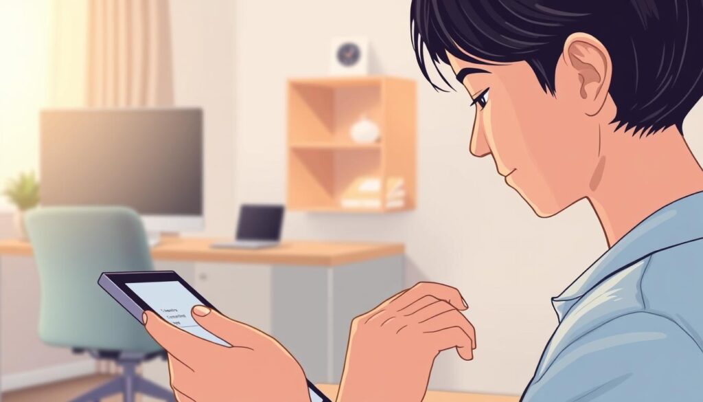 a detailed digital illustration of a person performing an online transaction to pay the "family visit completion fee" on a tablet device. the scene takes place in a modern office setting, with a desk, chair, and computer monitor in the background. soft, warm lighting illuminates the scene, creating a calming and professional atmosphere. the person's facial expression is focused and determined, reflecting the importance of the task at hand. the tablet's screen displays a payment interface with clear instructions and options. the overall composition emphasizes the simplicity and efficiency of the online payment process for the family visit procedure.