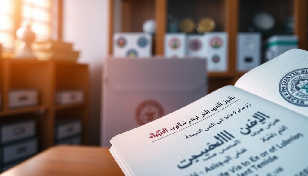 a detailed illustration of a residence permit and an exit and re-entry visa. in the foreground, a close-up view of a residence id card and a visa stamp on a passport page, both illuminated by warm, directional lighting. the middle ground features a meticulously rendered arabic text "تأشيرة خروج وعودة" against a blurred backdrop of official government documents and seals. the background is a softly defocused administrative office setting, with orderly shelves and cabinets suggesting an organized bureaucratic environment. the overall composition conveys a sense of official procedures and paperwork associated with the exit and re-entry visa process for residents.