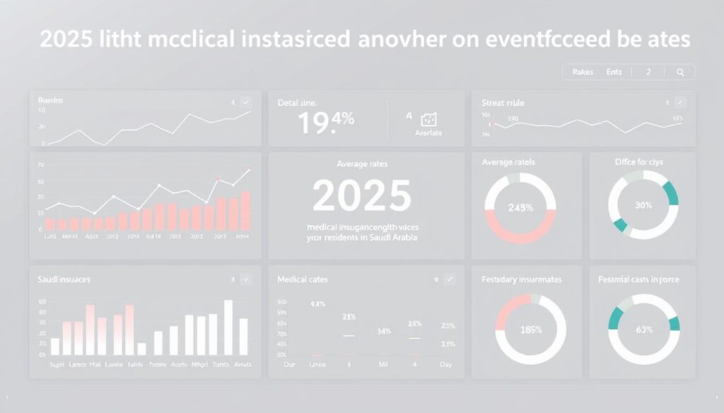 a detailed infographic showcasing the 2025 medical insurance rates for residents in saudi arabia. depicted as a sleek, modern dashboard-style layout, the design features a clean, minimalist aesthetic. the background is a soft, muted gradient, allowing the key information to take center stage. in the foreground, a series of neatly organized data visualizations, including line graphs, bar charts, and circular charts, present the various insurance cost breakdowns and comparisons. the middle ground features a central information panel highlighting the overall trends and average rates. the image conveys a sense of clarity, professionalism, and authority, providing a visually compelling representation of the article's key subject matter.