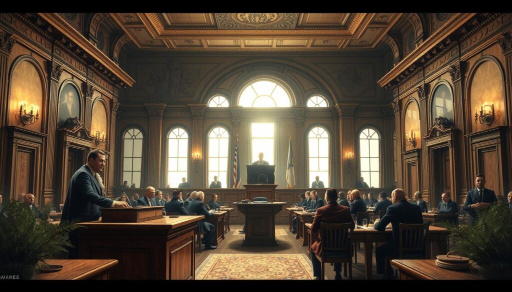 a detailed interior courtroom scene depicting the 