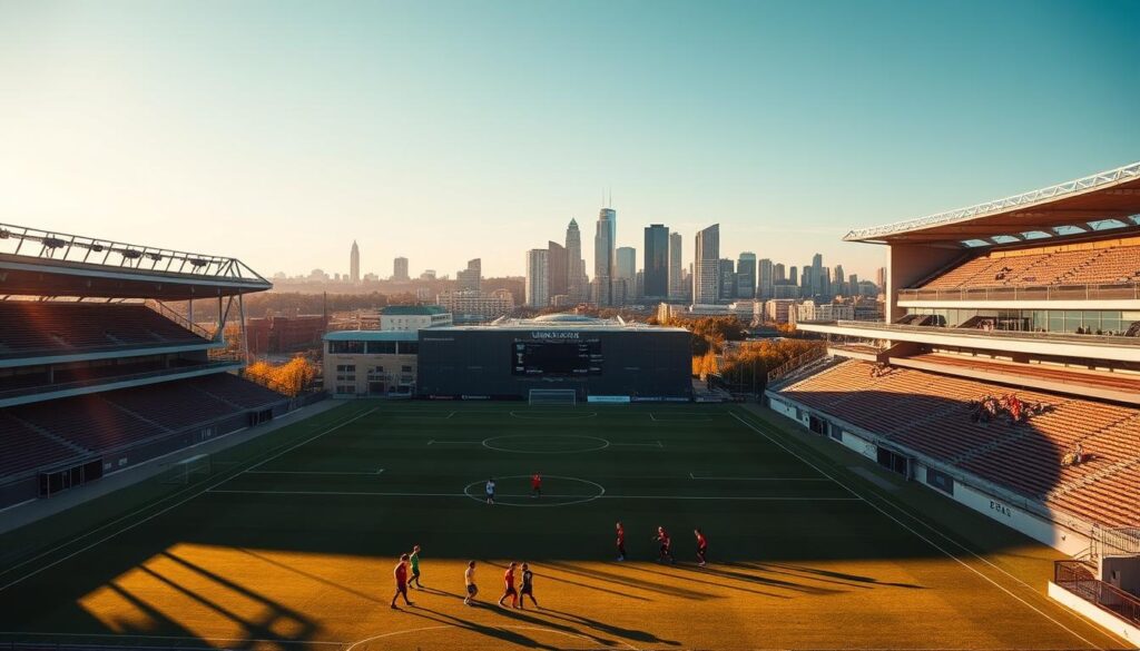 a detailed, panoramic view of the union football club's stadium and training grounds, showcasing the evolution and development of the facilities over the years. the image should capture the club's impressive architecture, modern amenities, and well-maintained playing fields, all bathed in warm, golden sunlight that casts long shadows across the scene. in the foreground, there should be a group of players training on the pitch, their dynamic movements and team camaraderie reflecting the club's commitment to excellence. in the background, the city skyline should be visible, hinting at the club's integration with the local community. the overall composition should convey a sense of progress, pride, and the club's ongoing transformation under its current leadership.