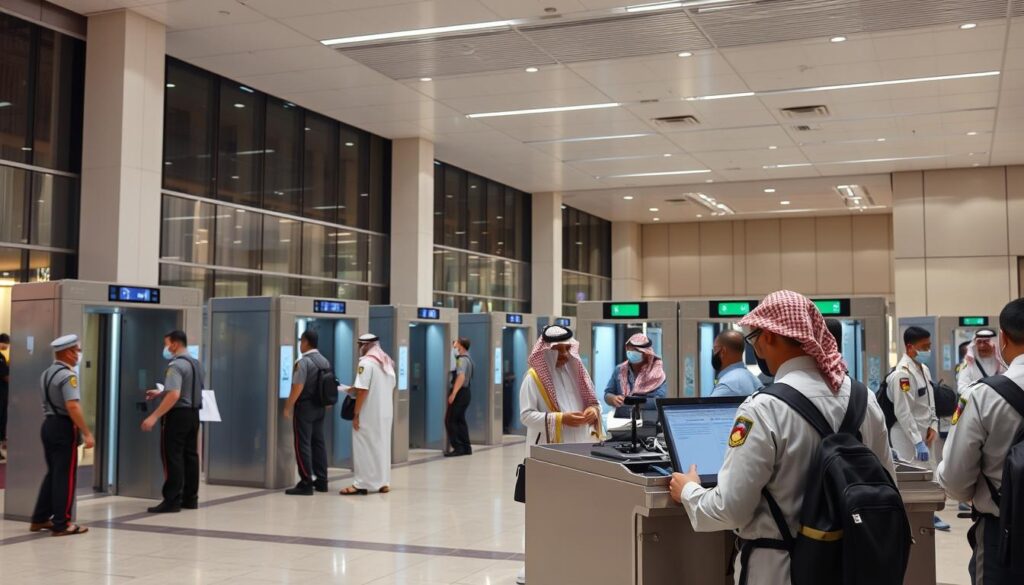 a detailed security checkpoint in the heart of riyadh, saudi arabia. the scene depicts a well-lit, modern facility with state-of-the-art security equipment. in the foreground, uniformed personnel meticulously inspect visitors' documents and belongings, ensuring a seamless and secure entry. the middle ground showcases advanced screening technologies, including full-body scanners and x-ray machines, all operating under strict protocols. in the background, the architecture features clean lines, glass facades, and a sleek, minimalist design, conveying a sense of efficiency and professionalism. the overall atmosphere is one of vigilance, order, and a commitment to safeguarding the safety and well-being of the kingdom's citizens and visitors.