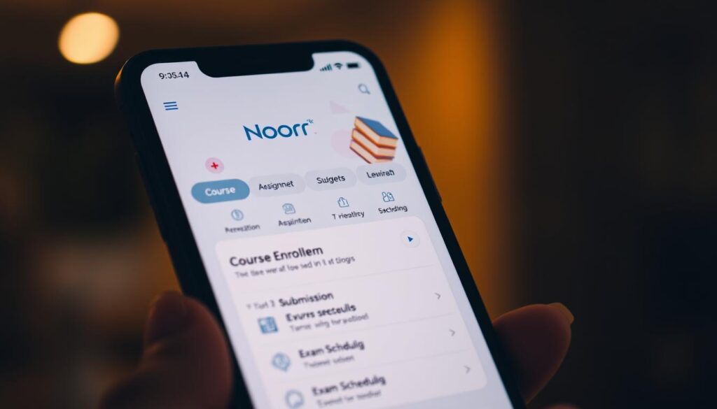 a detailed smartphone screen displaying the user interface of the "noor" educational system application. the interface features a clean, modern design with intuitive navigation, showcasing features like course enrollment, assignment submission, and exam scheduling. the screen is illuminated by warm, indirect lighting, creating a calm and focused atmosphere. the background blurs out, placing the app interface as the central focus, highlighting its functionality and ease of use for mobile users.