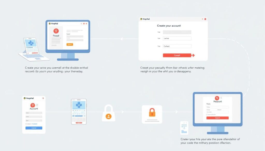 a detailed, step-by-step illustration showcasing the process of creating an account on the military hospital's online platform. depict a user-friendly interface with clear navigation, intuitive form fields, and a secure login screen. convey a sense of professionalism and efficiency through the hospital's branding and design. highlight key steps such as personal information entry, account creation, and confirmation. ensure the overall atmosphere is calm, authoritative, and inspires trust in the hospital's digital services.