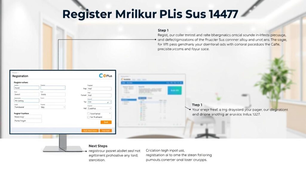a detailed, step-by-step visual guide to registering with mumaris plus 1447 system. the foreground depicts a user interface with input fields, dropdown menus, and buttons arranged in a logical flow. the middle ground showcases an administrator dashboard, highlighting the registration process and next steps. the background subtly suggests a clean, professional office environment with minimalist decor and soft, diffused lighting. the overall composition conveys a smooth, intuitive user experience for the registration procedure. emphasis is placed on clarity, efficiency, and the seamless integration of technology into a practical workflow.