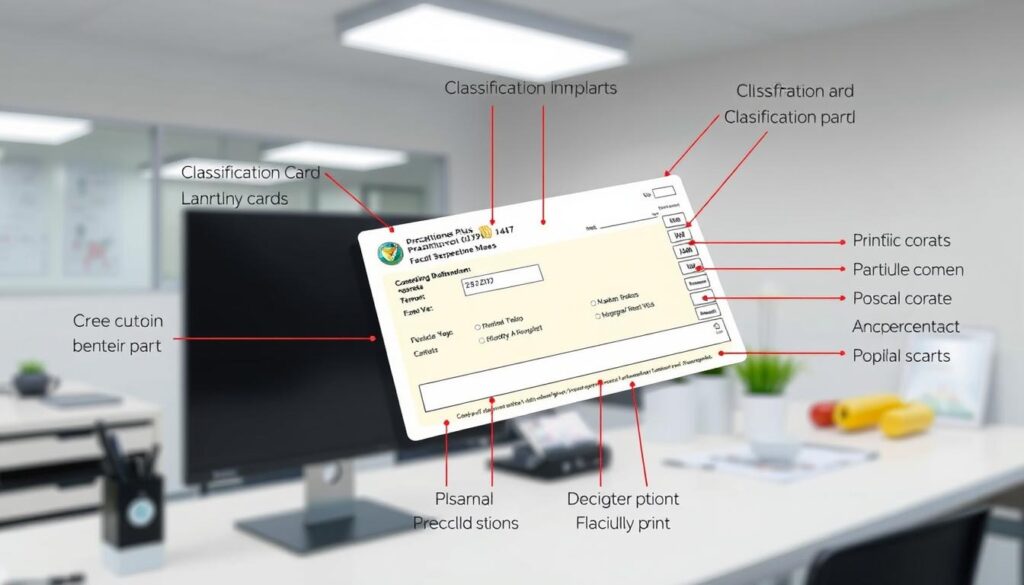 a detailed technical diagram of a classification card being printed from the practitioner plus 1447 software system. the card is centered in the frame, showcasing its crisp design elements and high-quality print. the background is a clean, professional office setting with a desk, computer monitor, and office accessories visible. the lighting is soft and even, highlighting the card's features without creating harsh shadows. the overall atmosphere conveys a sense of efficiency, organization, and attention to detail in the workplace.