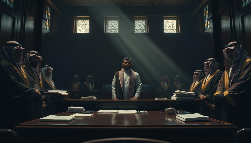 a dimly lit courtroom, the tension palpable. in the foreground, a imposing mahogany desk, papers and files strewn across its surface. flanking it, stern-faced judges dressed in flowing robes, their expressions stern and unyielding. in the middle ground, a plaintiff standing resolute, determination etched on their face, ready to plead their case of "دعوى بدل عدوى" - a substitution of hostility. the background fades into shadow, the weight of the proceedings hanging thick in the air. shafts of light pierce through high windows, casting an ethereal glow and emphasizing the gravity of the situation. this image captures the pivotal moment when a citizen seeks justice, challenging the status quo in a saudi arabian court of law.