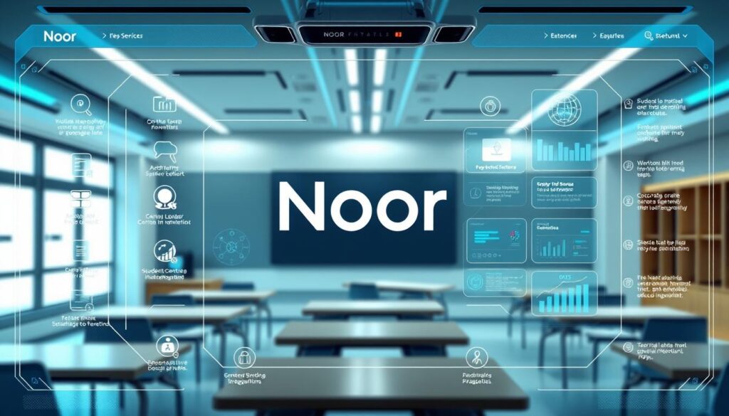 a futuristic, sleek electronic interface of the noor educational system, showcasing a minimalist design with clean lines, a cool color palette of blues and grays. the system's logo is prominently displayed, flanked by various student-centric icons and infographics highlighting the key services and features available. the background depicts a modern, tech-savvy classroom setting, with hints of virtual dashboards and seamless digital integration. the overall impression is one of a cutting-edge, user-friendly platform that empowers students to access a wide range of educational resources and tools.