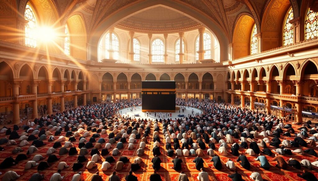 a grand mosque bathed in golden light, the faithful gathered for eid al-adha prayers in the sacred halls of the masjid al-haram. worshippers prostrate on ornate carpets, faces turned towards the iconic kaaba at the center. intricate islamic architecture frames the scene, domes and minarets piercing the sky. a sense of reverence and community fills the air as the devout unite to celebrate this holy occasion. sunlight streams through stained glass windows, casting a warm glow over the serene gathering. the haram's serene, majestic presence evokes the solemnity of this significant islamic festival in the kingdom of saudi arabia.