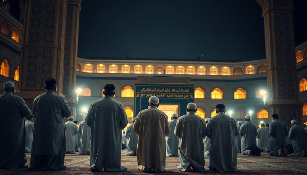 a group of esteemed imams standing reverently in the sacred masjid al-haram, their robes flowing gracefully as they lead the congregation in the sublime and contemplative prayers of tahajjud. the soft, warm lighting casts a serene glow, accentuating the solemnity and devotion of the scene. the towering, ornate pillars of the mosque frame the imams, while the faithful worshippers kneel in rows, their faces illuminated by the spiritual atmosphere. a sense of profound peace and connection to the divine permeates the space, as the imams guide the community in this profound nighttime ritual.
