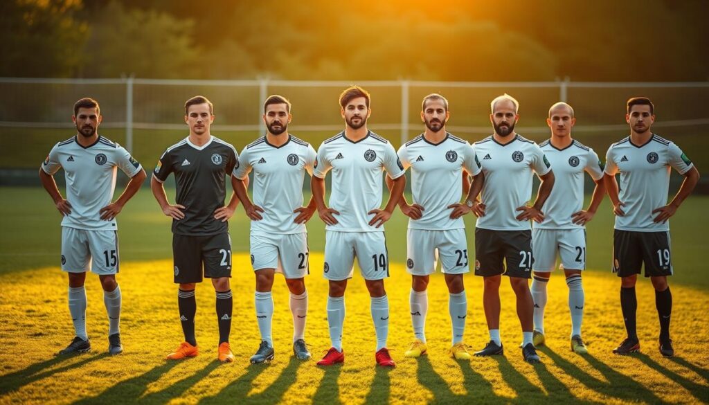 a group of talented foreign midfielders standing on a lush green soccer pitch, illuminated by warm, golden afternoon sunlight. their faces are determined, their bodies athletic and poised, ready to showcase their technical skills and creativity. the composition is balanced, with the players evenly spaced, creating a sense of harmony and teamwork. the background is slightly blurred, placing the focus on the players and their dynamic movements. the overall scene exudes a sense of professionalism, skill, and the pride of representing a top-tier football club.
