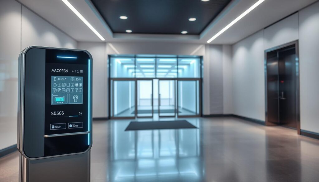 a high-tech security access control system with sleek, futuristic design. the foreground features a central authentication panel with biometric sensors, backlit touch controls, and a prominent display screen. in the middle ground, a series of sliding doors open to reveal a secure entryway, bathed in cool led lighting. the background depicts a minimalist, contemporary architectural setting with clean lines, neutral tones, and subtle patterns. the overall atmosphere conveys a sense of advanced, efficient access management, maintaining a balance between technological sophistication and user-friendly functionality.
