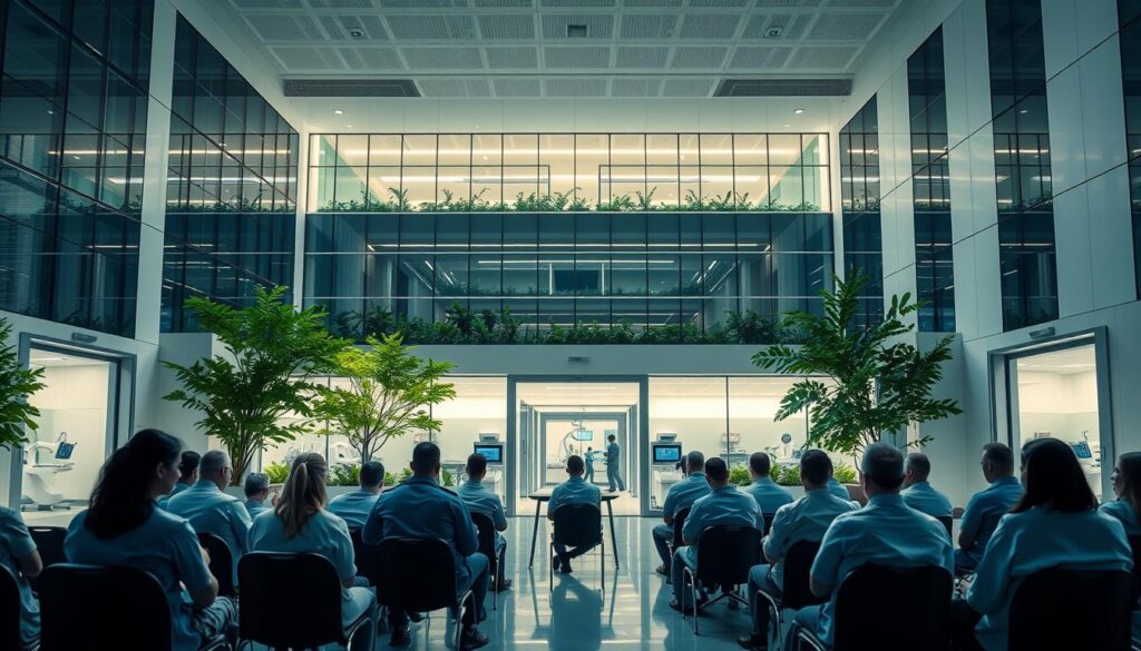 a large modern hospital building with clean, minimalist architecture and glass facades, surrounded by lush greenery. in the foreground, a group of patients sit in a bright, airy waiting area, consulting with dental staff in professional attire. dental examination rooms are visible through open doors, showcasing advanced equipment and technology. the atmosphere is calm, sterile, and reassuring, conveying the high-quality dental services available at this military hospital. soft, diffused lighting illuminates the scene, creating a sense of professionalism and care. the overall impression is one of a state-of-the-art dental facility dedicated to providing comprehensive, specialized treatment.