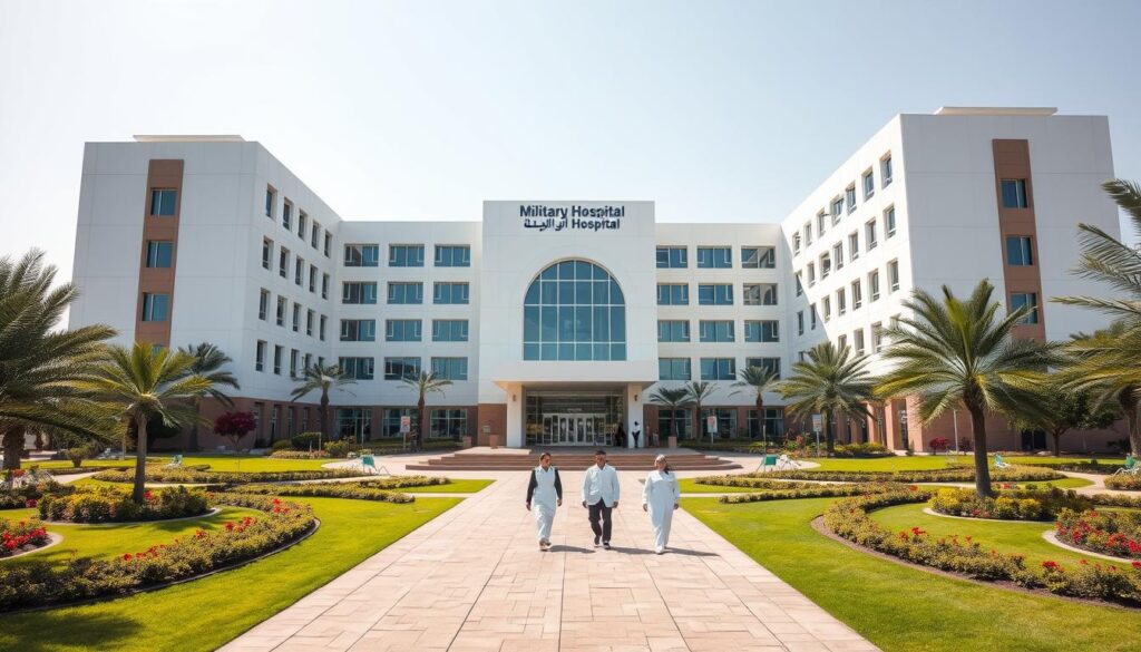 a large, modern hospital complex nestled in the lush greenery of khamis mushait. the military hospital stands tall, its clean white facade accented by warm earth-toned elements. manicured gardens and shaded pathways lead visitors to the main entrance, where a grand archway invites them inside. the hospital's interior is bathed in natural light, with spacious lobbies and well-equipped facilities catering to the community's healthcare needs. nurses and doctors in crisp uniforms move with purpose, providing compassionate care. an atmosphere of professionalism and state-of-the-art medical technology pervades the scene, reflecting the hospital's role as a vital healthcare institution serving the region.