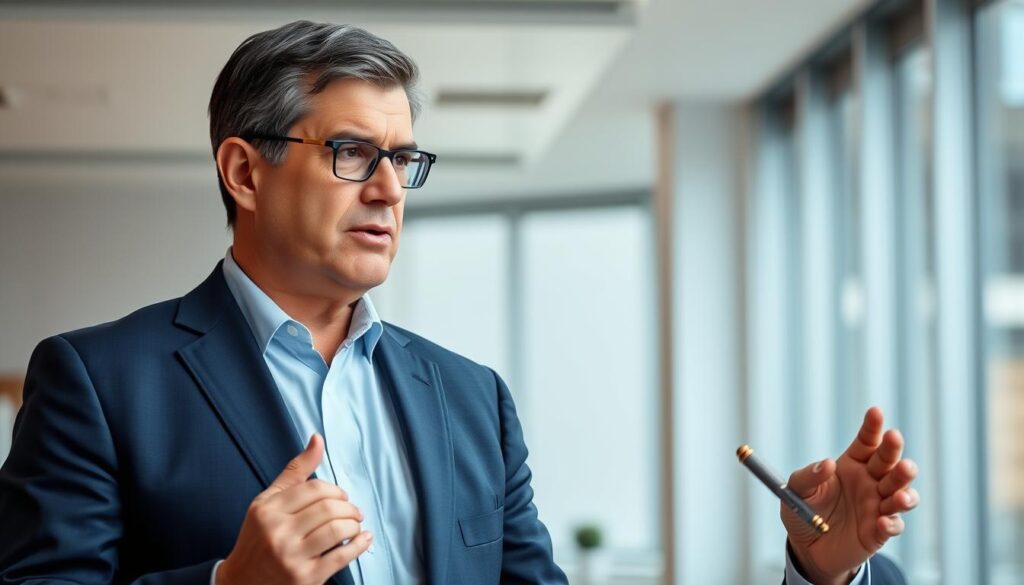 a middle-aged, determined-looking man in a crisp, navy-blue suit stands in a modern, well-lit law office. his expression conveys professionalism and authority as he gestures with one hand, engaged in an animated discussion. the background features floor-to-ceiling windows, allowing natural light to flood the space, and a minimalist decor that suggests a focus on functionality and efficiency. the overall scene evokes a sense of confidence, expertise, and the rigorous legal process at work.