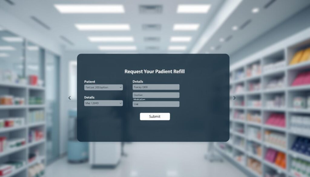 a modern, clean digital interface showcasing the process of requesting a medication refill electronically. centered is a sleek dashboard with clearly labeled input fields for patient information, medication details, and a submit button. the background features a blurred medical facility, conveying a sense of professionalism and efficiency. soft, indirect lighting creates a calming atmosphere, while the layout is structured yet intuitive, guiding the user through the refill request seamlessly. subtle icons and minimalist design elements reinforce the digital nature of the experience, making it feel streamlined and user-friendly.