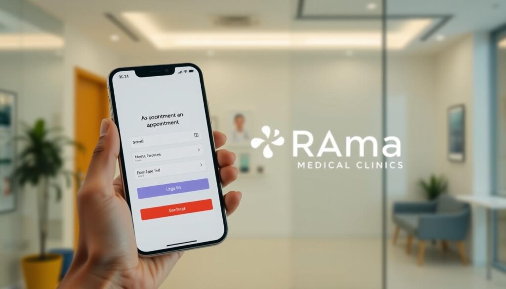 a modern, intuitive mobile app interface showcasing the process of booking an appointment at rama medical clinics. in the foreground, a hand holds a smartphone displaying the app's user-friendly appointment scheduling screen, with clean typography and prominent call-to-action buttons. the mid-ground features the clinic's distinctive branding, including a minimalist logo and subtle color scheme. the background depicts a warm, inviting medical environment, with soft lighting and a sense of professionalism and care. the overall scene conveys a seamless, technology-driven healthcare experience that is accessible and patient-centric.