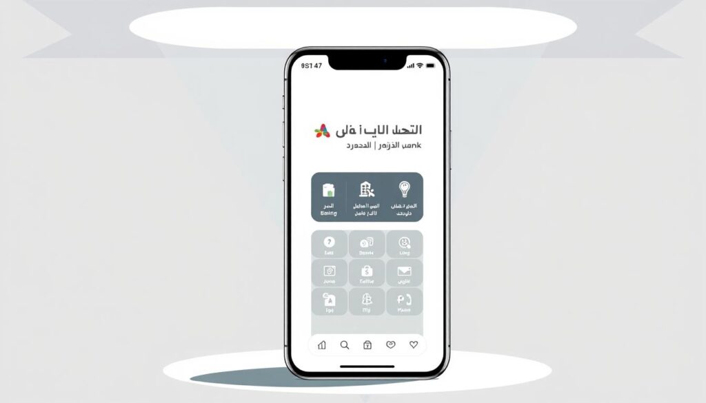a modern, minimalist illustration showcasing the alrajhi bank mobile banking app. depicted in a clean, high-contrast style, the foreground features a smartphone display showing the app's home screen, with a simple and intuitive interface. the middle ground includes various banking-related icons and ui elements, conveying the app's comprehensive functionality. the background features a subtle pattern or texture, suggesting a professional, trustworthy banking environment. the overall composition and lighting create a sense of digital sophistication and ease of use, reflecting the convenience of alrajhi bank's mobile banking services.
