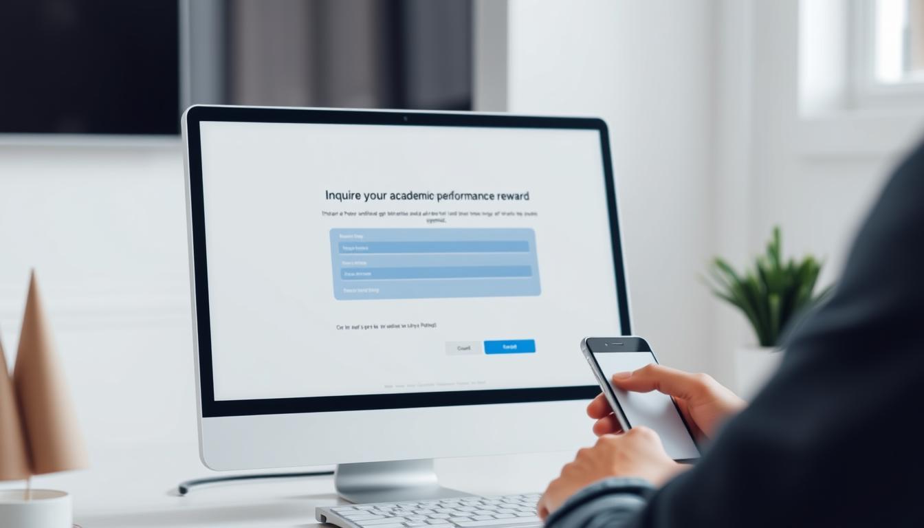 A modern, minimalist interface depicting a person interacting with an online platform to inquire about their academic performance reward. The foreground shows a desktop computer or mobile device screen displaying a clean, well-organized web page with simple navigation and input fields. The middle ground features the person's hands typing on a keyboard or tapping on a touchscreen, conveying a sense of digital interaction. The background is a neutral, softly blurred environment, allowing the interface to be the focal point. The lighting is natural and diffused, creating a calm, professional atmosphere. The overall composition should feel intuitive, efficient, and reflective of a seamless electronic inquiry process.