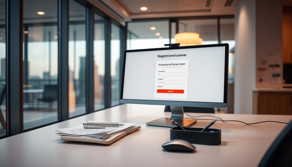 a modern office interior with a clean, professional atmosphere. in the foreground, a desktop computer setup with a minimalist monitor, keyboard, and mouse. on the screen, an online registration form for a professional license exam. in the middle ground, a stack of documents and a pen tray, creating a sense of organization and productivity. the background features floor-to-ceiling windows overlooking a cityscape, with warm, indirect lighting filtering in. the overall mood is one of focus, efficiency, and the diligent preparation for a significant career milestone.