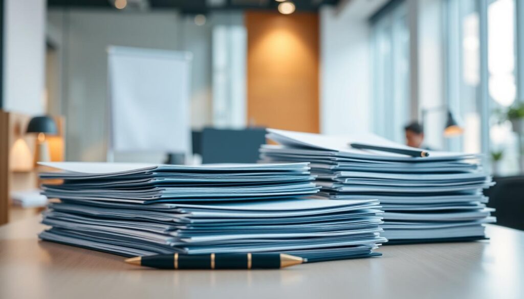 a neatly organized desk with stacks of official documents, folders, and pens arranged in a clean, professional manner. the lighting is soft and diffused, creating a warm, inviting atmosphere. the camera angle is slightly elevated, capturing the full breadth of the desk and its contents. in the background, a blurred view of a modern office environment, with clean lines and neutral tones that complement the focal point. the overall composition conveys a sense of efficiency, attention to detail, and the preparedness required for a successful loan application.