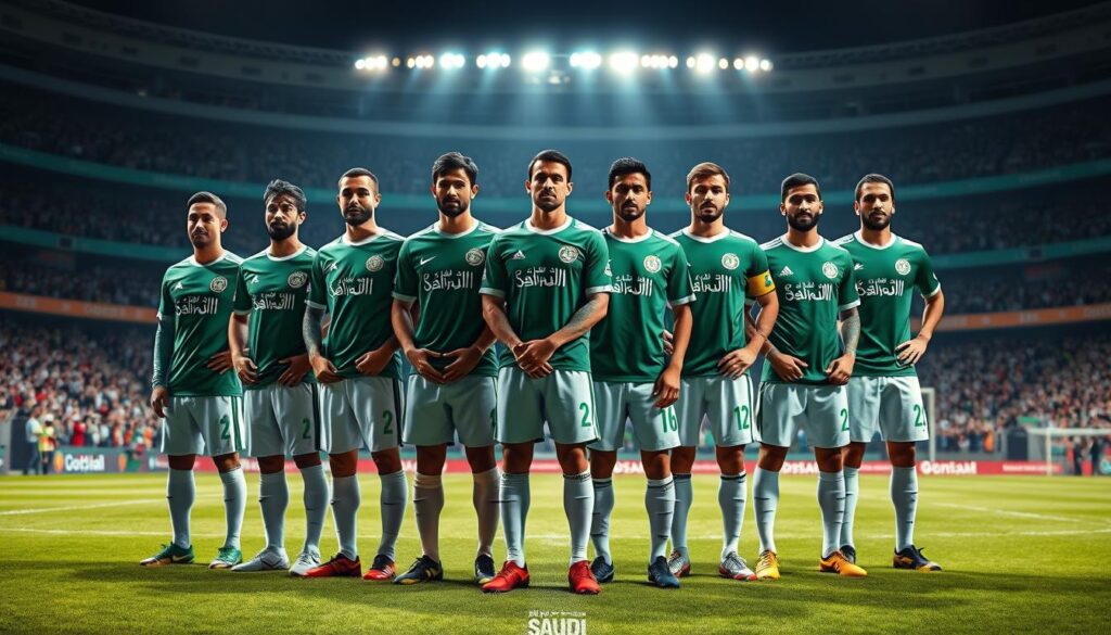 a photorealistic image of a group of professional soccer players, the stars of the saudi arabian national soccer team, standing together in a dramatic, dynamic pose on a lush, well-lit soccer field. the players are wearing their official team uniforms in the signature saudi arabian colors of green and white, with their names and jersey numbers clearly visible. the image captures the energy, skill, and camaraderie of this elite squad, showcasing their athletic prowess and leadership in the sport. the background features a stadium with cheering fans, creating an immersive and exciting atmosphere that reflects the team's prominence and importance within the saudi arabian soccer landscape.