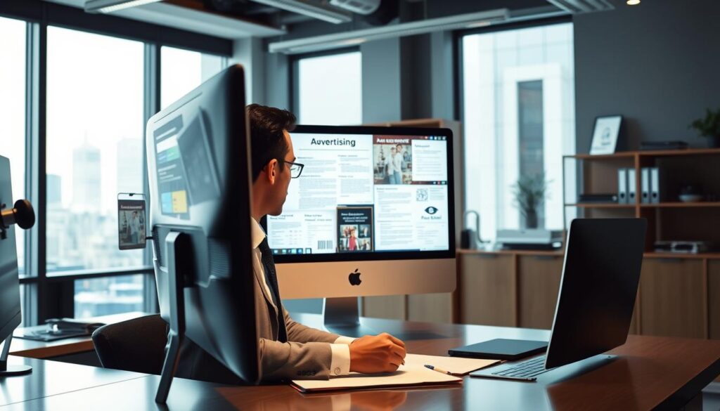 a professional and dynamic office setting with a large computer screen displaying various advertising and legal documents. in the foreground, a person in formal attire sits at a desk, closely examining the screen and taking notes. soft, directional lighting illuminates the scene, creating a sense of focus and attention to detail. the background features other office equipment, shelves, and a window overlooking a cityscape, suggesting a high-level, executive-style environment. the overall atmosphere conveys a thoughtful, analytical process of reviewing and challenging advertisements, in line with the specified subject and section title.