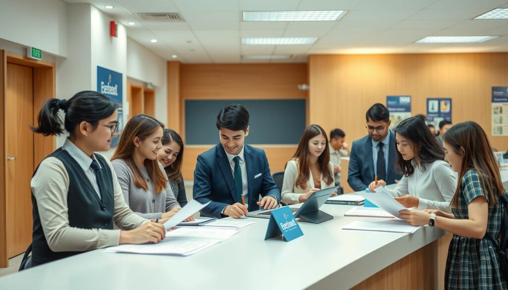 a professional registration desk in a modern school environment, with a warm and inviting atmosphere. desk employees in formal attire politely assisting students and their families with the enrollment process, guiding them through the necessary paperwork and procedures. subtle signage and branding elements tastefully incorporated into the scene, conveying a sense of organization and efficiency. soft lighting accentuates the clean, organized layout, while candid expressions on the faces of the participants suggest a pleasant, stress-free experience. the overall composition strikes a balance between functionality and human connection, reflecting the importance of this milestone in the students' educational journey.
