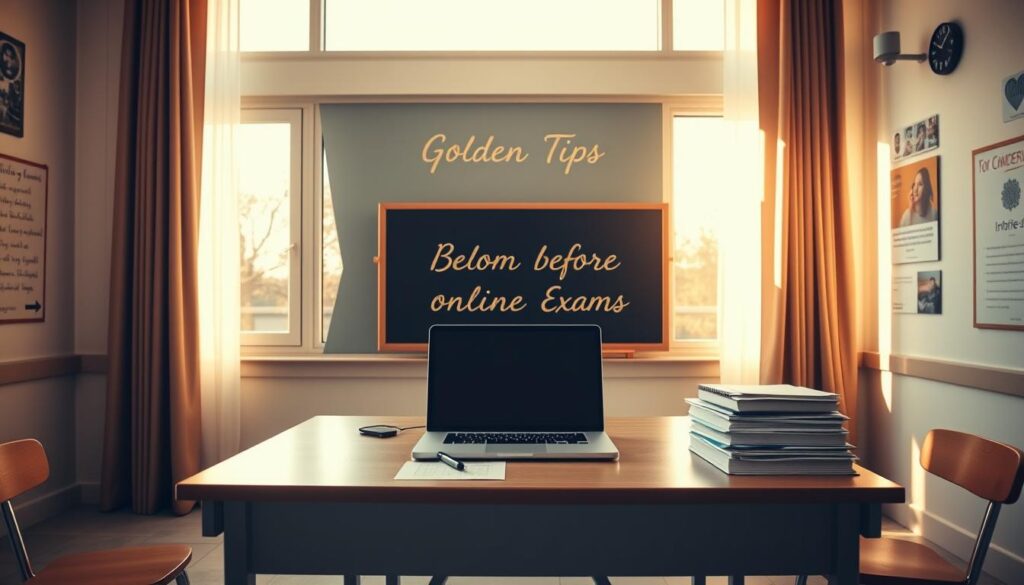 a serene and minimalist classroom setting, with a warm, golden light filtering through large windows. on the desk, a laptop, a pen, and a stack of papers, symbolizing the upcoming electronic exams. behind the desk, a chalkboard with the words "golden tips for students before online exams" written in elegant cursive. the walls are adorned with inspirational posters, and a gentle breeze blows through the curtains, creating a calming atmosphere. the room is tidy and organized, reflecting the focused mindset needed for successful exam preparation.