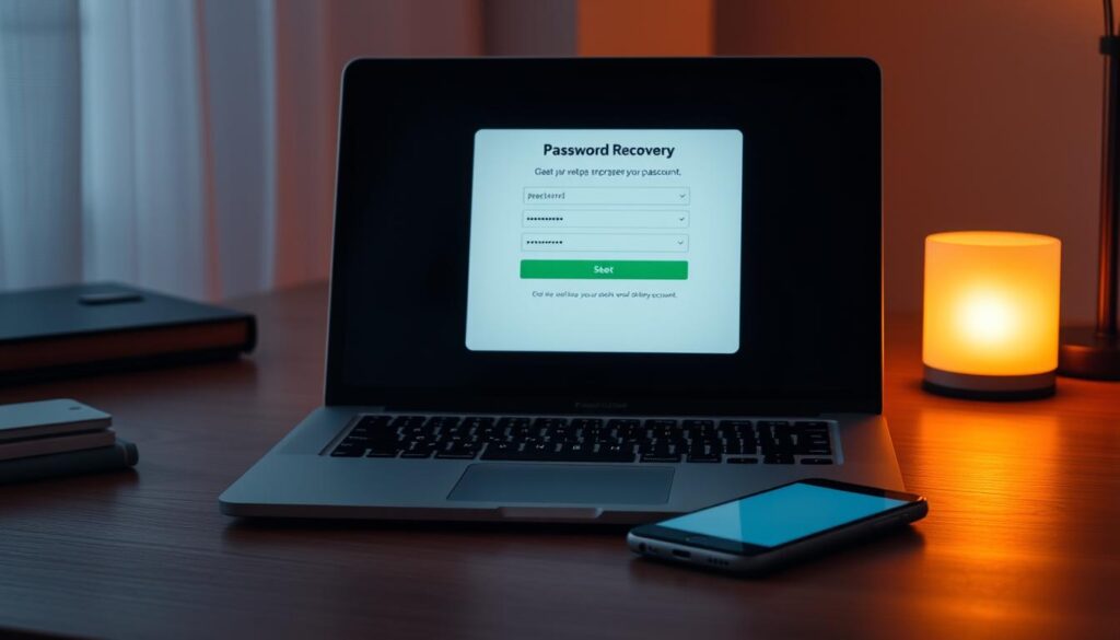 a serene desktop scene featuring a laptop, smartphone, and password recovery interface on the laptop's screen. the scene is bathed in soft, warm lighting, creating a calming atmosphere. the laptop's display shows a password reset prompt, with input fields and instructions, allowing the user to regain access to their account. the smartphone rests nearby, hinting at the user's ability to receive verification codes or other recovery information. the overall composition conveys a sense of reassurance and control over the password recovery process.