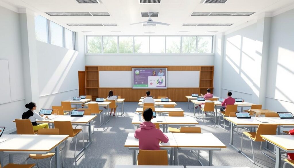 a serene virtual classroom within the "madrasati" educational platform. sunlight streams through large windows, illuminating rows of desks and chairs arranged in a modern, minimalist design. digital whiteboards and screens line the walls, ready to display interactive lessons. students' avatars sit attentively, engaged in the virtual learning experience. the atmosphere is calm, focused, and conducive to productive, collaborative study. a sense of academic purpose pervades the scene, reflecting the educational services available to students on the "madrasati" platform.