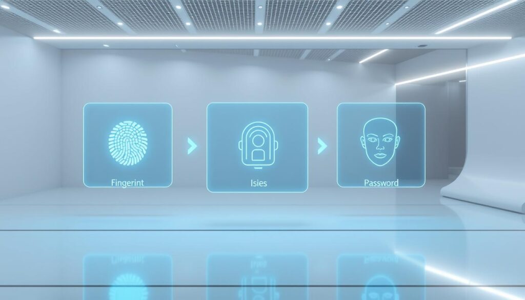 a sleek, futuristic interface displays a variety of biometric verification options - fingerprint, iris, and facial recognition - against a clean, minimalist backdrop. glowing panels and holographic overlays create an atmosphere of advanced technological integration, hinting at the seamless user experience of logging into the noor system without a traditional password. the scene conveys a sense of security, efficiency, and innovation, reflecting the article's focus on alternative verification methods for accessing the noor platform.