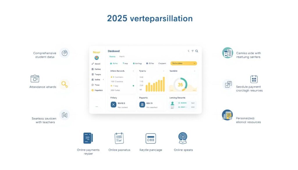a sleek, minimalist interface showcasing the key services available to parents in the 2025 edition of the noor system. a central dashboard displays comprehensive student data, attendance records, and seamless communication with teachers. surrounding it, intuitive icons for online payments, schedule management, and personalized educational resources. the layout is clean and modern, with a soft, neutral color palette and thoughtful use of negative space to create a calming, user-friendly experience. subtle details like glowing status indicators and smooth animations convey the system's technological sophistication, while maintaining a warm, approachable aesthetic suitable for a wide range of users.