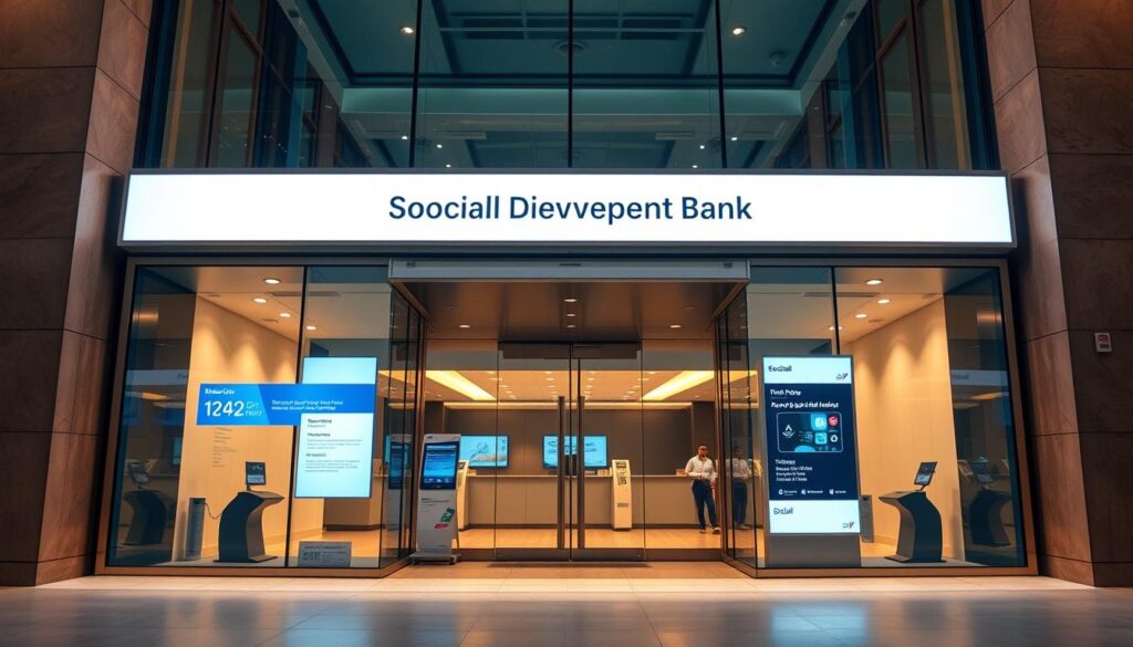 a sleek, modern electronic gateway for the social development bank, with a clean and intuitive user interface. the facade is made of glass and steel, bathed in warm, diffused lighting that creates a welcoming atmosphere. the layout is organized, with clear sections for navigation and information display. the overall design conveys a sense of professionalism, efficiency, and a commitment to digital accessibility. the scene is captured from a slightly elevated angle, allowing the viewer to appreciate the architectural details and the harmonious integration of technology within the banking environment.
