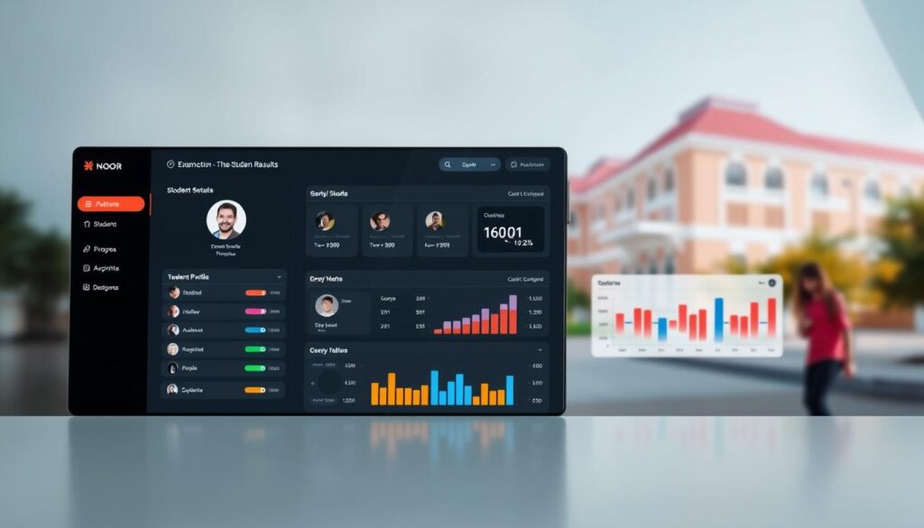 a sleek, modern interface displaying student results in the noor education system. the foreground features a clean, minimalist design with a central dashboard showing individual student profiles, test scores, and academic progress. the middle ground showcases crisp data visualizations and interactive graphs, allowing users to easily navigate and analyze the information. the background features a subtle gradient or blurred school campus imagery, conveying a sense of institutional authority and academic focus. the lighting is soft and balanced, creating a professional and inviting atmosphere. the camera angle is slightly elevated, giving the viewer a comprehensive overview of the dashboard's functionality and user-friendly layout.