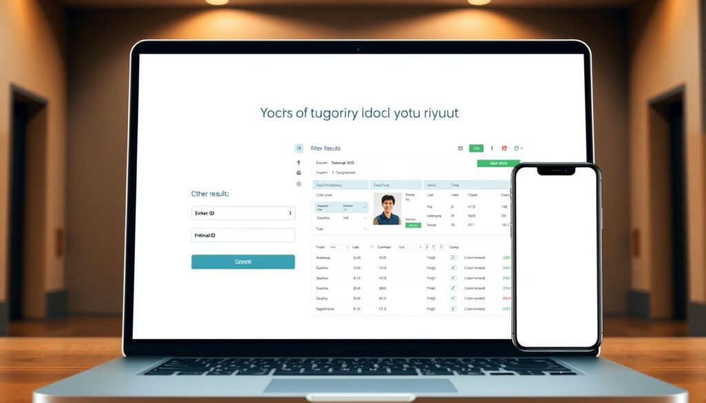 a sleek, modern interface displaying the process of checking student results by national id number. the foreground shows a laptop or tablet with a clean, user-friendly app or website, showcasing the input fields and buttons to enter the id and view the results. the middle ground features a well-organized dashboard or report, presenting the student's information and academic performance in a clear, visually appealing manner. the background subtly conveys a sense of an educational institution, with muted tones and minimalist design elements to keep the focus on the core functionality. warm lighting and soft shadows create a professional, authoritative atmosphere, highlighting the importance and convenience of this digital platform for accessing student records.