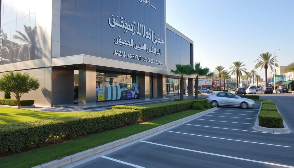 a stately, modern facade of jazan agricultural credit bank, its exterior adorned with elegant arabic calligraphy. the building stands tall, reflecting the sun's rays off its sleek, polished surfaces. in the foreground, a well-manicured lawn and meticulously trimmed hedges create a welcoming atmosphere. the middle ground features neatly arranged parking spaces, while the background showcases the bustling streets of jazan, with palm trees and vibrant local shops lining the roads. the scene conveys a sense of professionalism, efficiency, and community integration, befitting the bank's role in serving the financial needs of the jazan region.
