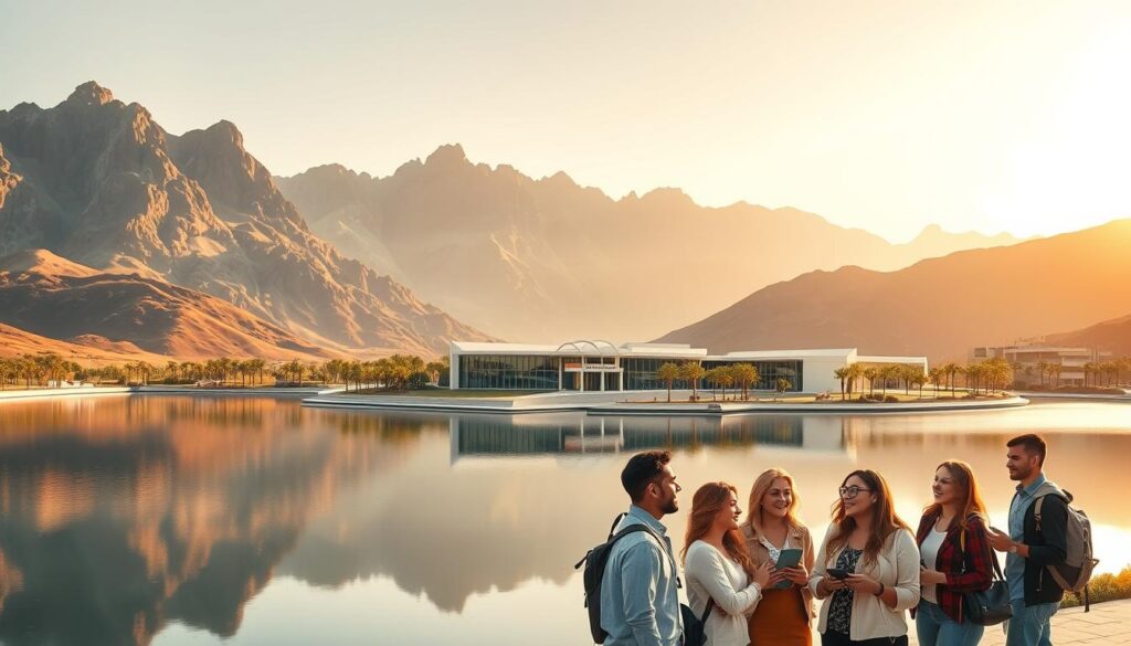 a striking illustration of the benefits of early admission to king fahd university of petroleum and minerals. a modern, sleek university campus nestled against a backdrop of towering mountains, reflecting in a tranquil lake. in the foreground, a group of enthusiastic students engage in lively discussions, their faces exuding a sense of opportunity and academic excellence. warm, golden lighting casts a welcoming glow, while a crisp, clear sky overhead conveys a feeling of infinite possibilities. the scene captures the essence of the university's reputation for innovation, research, and nurturing the next generation of leaders in the fields of engineering, science, and technology.