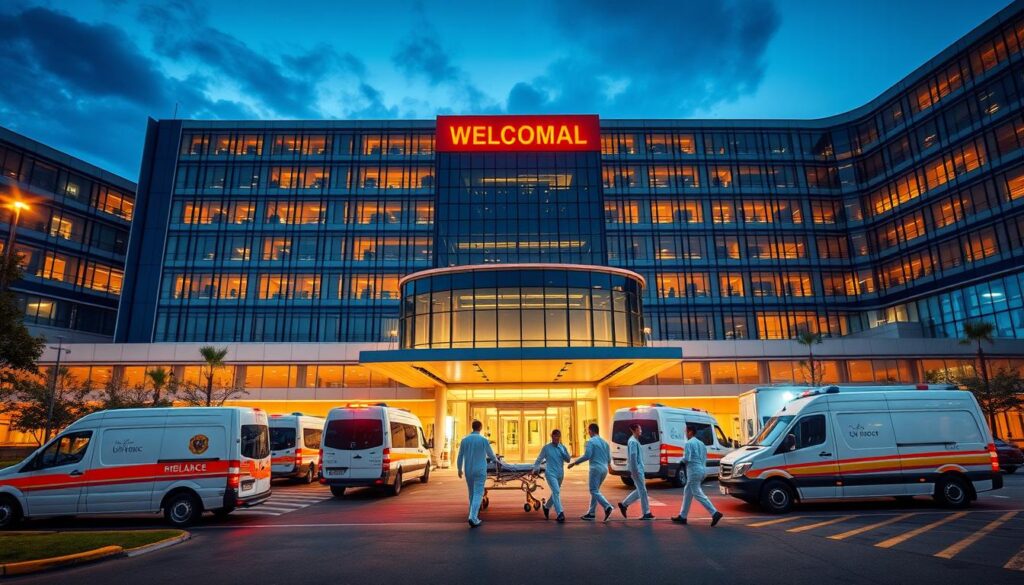 a vast, modern hospital complex with a prominent emergency services entrance. the building's façade is a sleek, glass-and-steel structure, illuminated by warm, ambient lighting that casts a welcoming glow. in the foreground, a fleet of emergency vehicles, including ambulances and medical transport vans, are parked and ready for dispatch. paramedics in crisp, white uniforms rush through the entrance, carrying stretchers and medical equipment. the scene conveys a sense of urgency and professionalism, with the hospital ready to provide 24/7 critical care for the community.