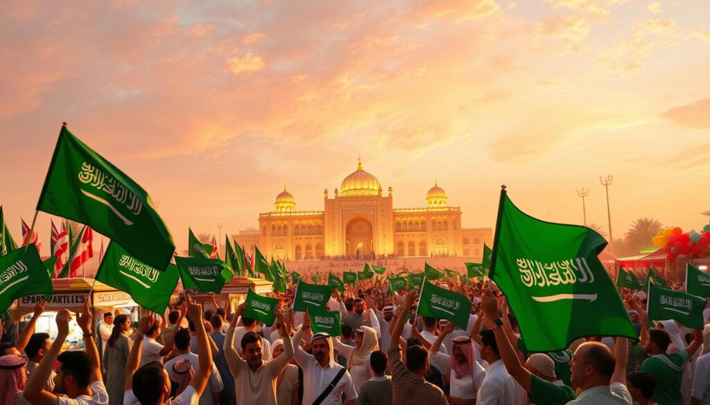 a vibrant celebration of saudi national day, with a lively crowd waving the saudi flag under a vibrant sky. in the foreground, people of all ages gather in traditional attire, dancing and cheering. in the middle ground, vendors sell celebratory items like flags, balloons, and traditional sweets. the background features a grand, illuminated structure, possibly a palace or landmark, reflecting the national pride and heritage. the scene is bathed in a warm, golden light, creating a festive and joyous atmosphere.