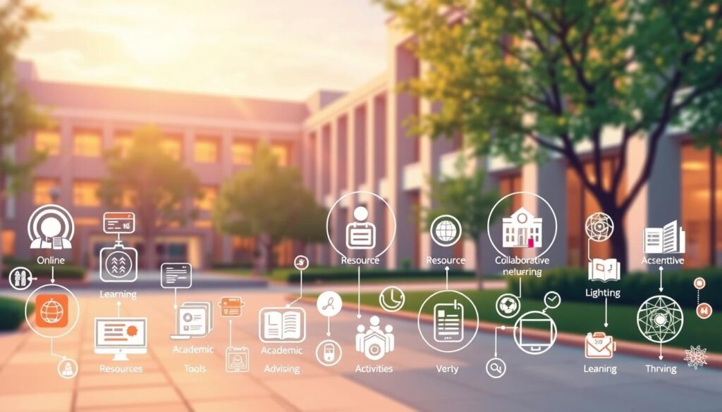 a vibrant, detailed illustration showcasing the diverse range of services available to students on an educational platform. a serene campus setting with modern architecture in the background, bathed in warm, natural lighting. in the foreground, various interactive icons and graphics representing key student services such as online learning resources, collaborative tools, academic advising, and extracurricular activities. the composition should convey a sense of accessibility, engagement, and a student-centric ecosystem that empowers learners to thrive. the overall mood should be one of inspiration, discovery, and the vast potential of the digital educational landscape.
