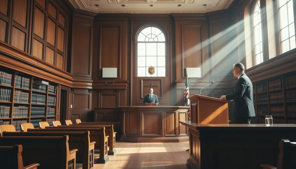 a well-lit courtroom interior with a wooden bench, podium, and legal books lining the shelves. the scene depicts the legal process of filing a compensation claim, with a lawyer standing at the podium presenting the case to a judge. soft sunlight filters through the windows, creating a sense of formality and authority. the composition emphasizes the gravity and significance of the legal proceedings, conveying the seriousness and professionalism of the "إجراءات دعوى بدل التميز" process.