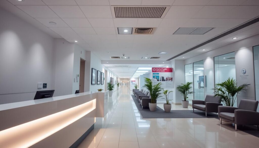 a well-lit interior of a modern hospital reception area. the foreground features a clean, minimalist reception desk with a sleek display panel. the middle ground shows a comfortable waiting area with plush chairs and potted plants, creating a calming atmosphere. in the background, a hallway leads to various medical departments, with signage indicating the different specialties. the lighting is soft and diffused, creating a serene and professional ambiance. the overall scene conveys the efficiency and high-quality medical services offered at the military hospital in riyadh.